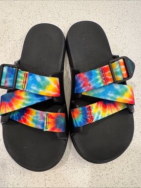 Chaco Tie-Dye Rainbow Strap Sandals on Black Footbed